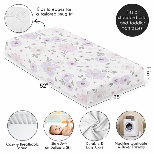 Watercolor Floral Lavender And Grey Collection 100% Cotton Muslin Crib Sheet - alt image 3