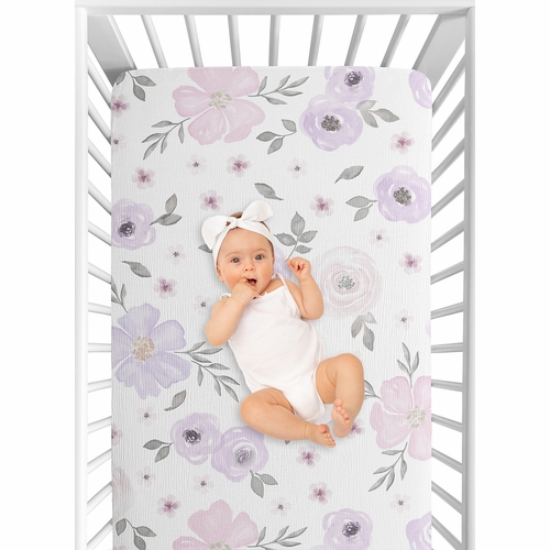 Watercolor Floral Lavender And Grey Collection 100% Cotton Muslin Crib Sheet - alt image 5