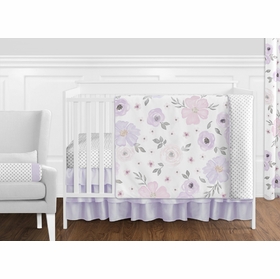 Watercolor Floral Lavender and Grey Collection 11 Piece Bumperless Crib Bedding
