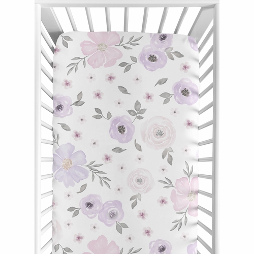 Watercolor Floral Lavender and Grey Collection 2 Pack Crib Sheets - alt image 1