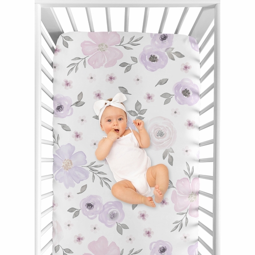 Watercolor Floral Lavender and Grey Collection 2 Pack Crib Sheets - alt image 4