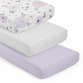 Watercolor Floral Lavender and Grey Collection 3 Pack Crib Sheets