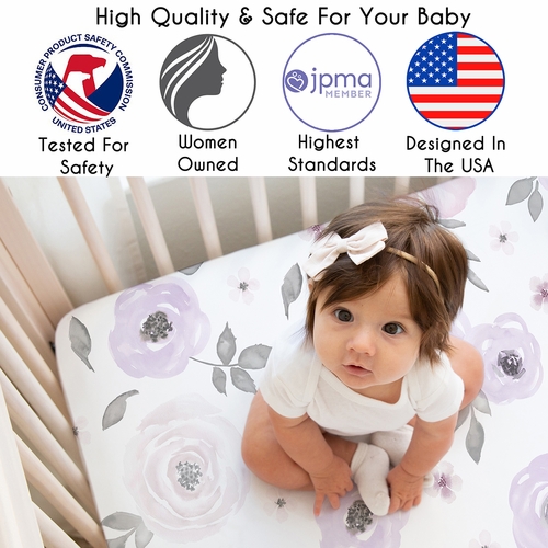 Watercolor Floral Lavender and Grey Collection 3 Pack Crib Sheets - alt image 1