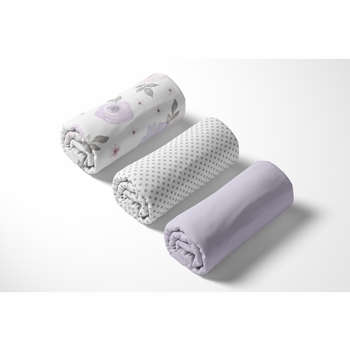 Watercolor Floral Lavender and Grey Collection 3 Pack Crib Sheets - alt image 4