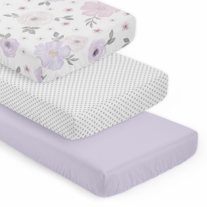Watercolor Floral Lavender and Grey Collection 3 Pack Crib Sheets