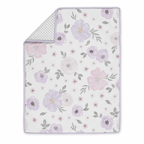 Watercolor Floral Lavender and Grey Collection 3 Piece Mini Crib Bedding Set - alt image 2