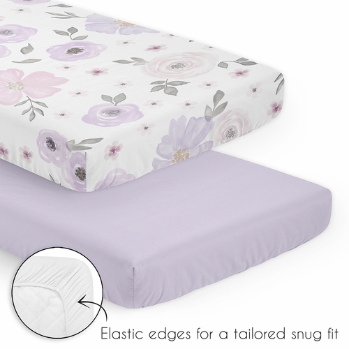 Watercolor Floral Lavender and Grey Collection 3 Piece Mini Crib Bedding Set - alt image 3