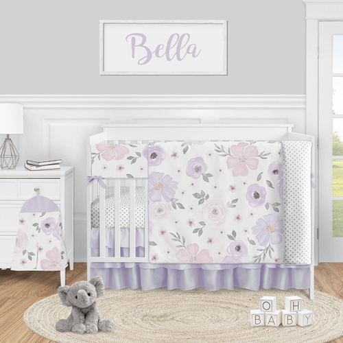 Watercolor Floral Lavender and Grey Collection 5 Piece Crib Bedding