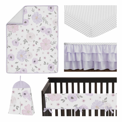 Watercolor Floral Lavender and Grey Collection 5 Piece Crib Bedding - alt image 1