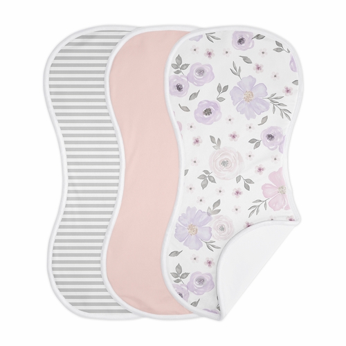 Watercolor Floral Lavender and Grey Collection Absorbent Burp Cloths - 3 Pack Set