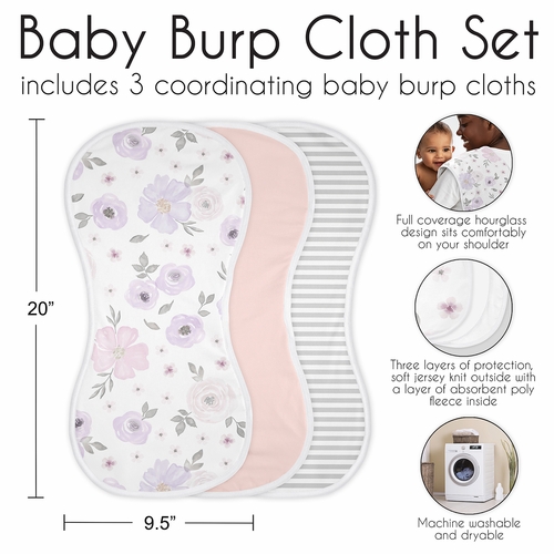 Watercolor Floral Lavender and Grey Collection Absorbent Burp Cloths - 3 Pack Set - alt image 5