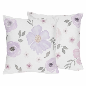 Watercolor Floral Lavender and Grey Collection Decorative Accent Throw Pillow Covers - Set of 2
