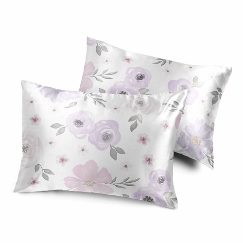 Watercolor Floral Lavender and Grey Collection Decorative Satin Pillowcases - 2 Pack Set