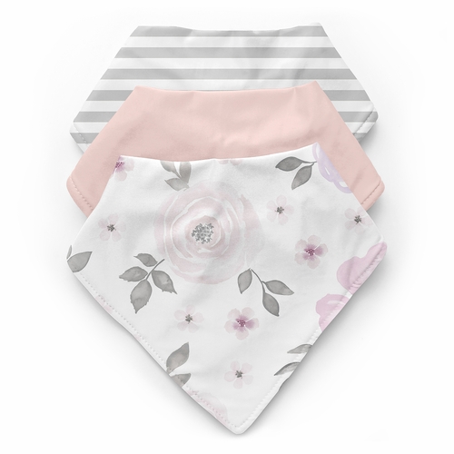 Watercolor Floral Lavender and Grey Collection Fabric Bandana Baby Bibs - 3 Pack Set