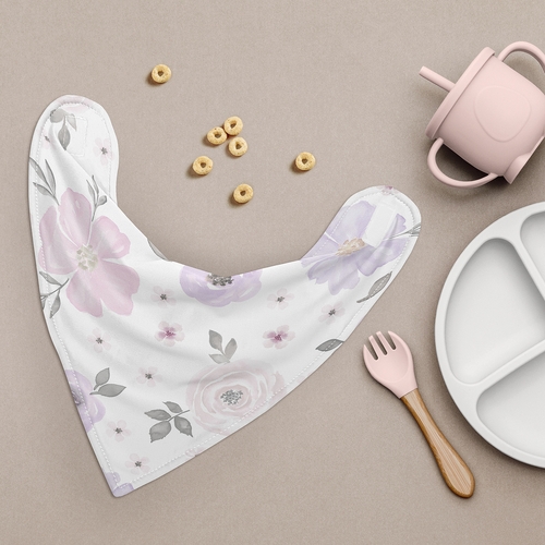 Watercolor Floral Lavender and Grey Collection Fabric Bandana Baby Bibs - 3 Pack Set - alt image 1