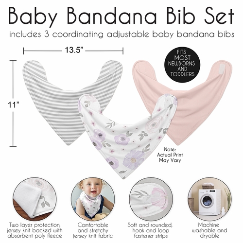 Watercolor Floral Lavender and Grey Collection Fabric Bandana Baby Bibs - 3 Pack Set - alt image 2