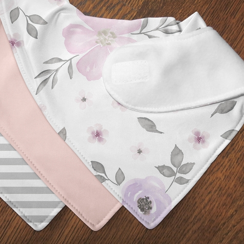 Watercolor Floral Lavender and Grey Collection Fabric Bandana Baby Bibs - 3 Pack Set - alt image 4