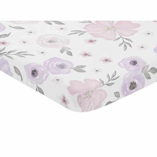 Watercolor Floral Lavender and Grey Collection Mini Crib Sheet - Flower Print