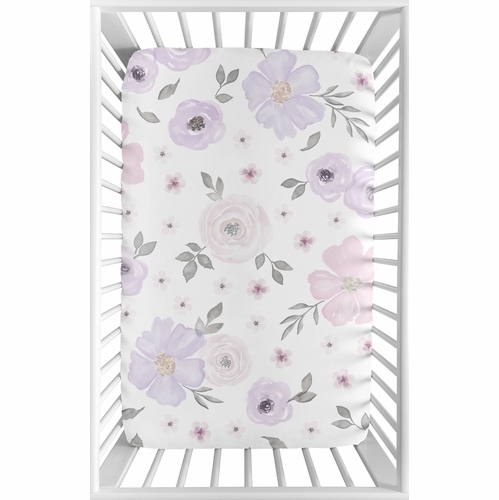 Watercolor Floral Lavender and Grey Collection Mini Crib Sheet - Flower Print - alt image 1
