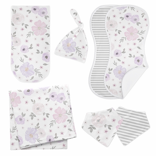 Watercolor Floral Lavender and Grey Collection Newborn Baby Layette Set