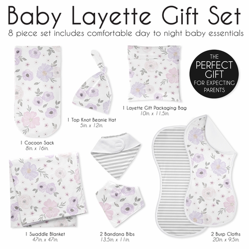 Watercolor Floral Lavender and Grey Collection Newborn Baby Layette Set - alt image 5