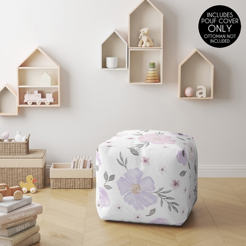 Watercolor Floral Lavender and Grey Collection Ottoman Pouf Cover - alt image 1