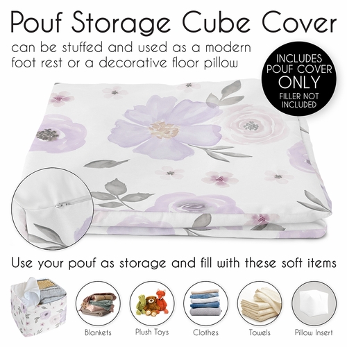 Watercolor Floral Lavender and Grey Collection Ottoman Pouf Cover - alt image 4