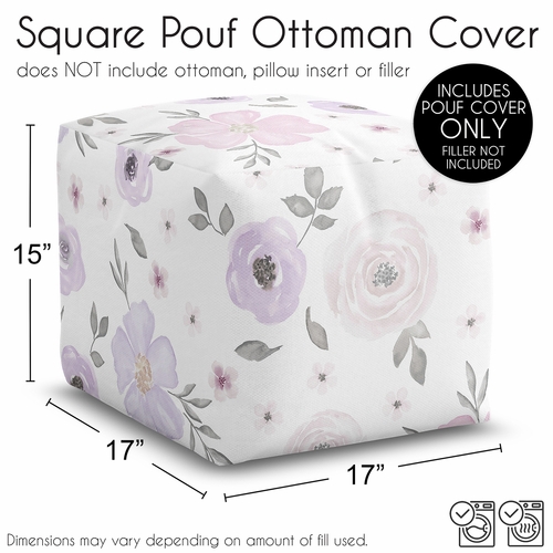 Watercolor Floral Lavender and Grey Collection Ottoman Pouf Cover - alt image 5