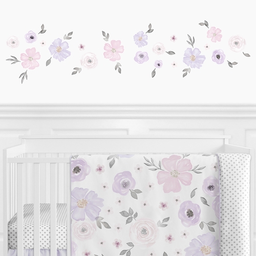 Watercolor Floral Lavender and Grey Collection Peel and Stick Wall Decal Stickers - Set of 4 Sheets