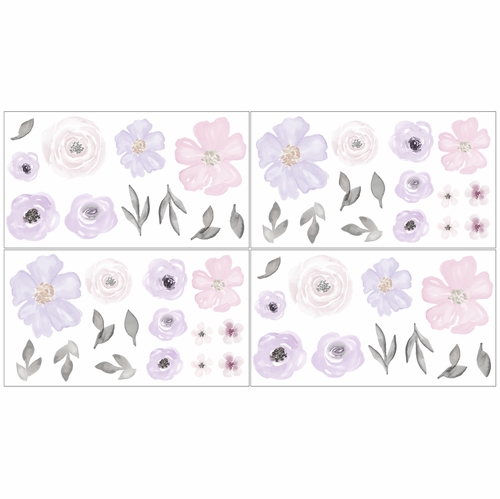 Watercolor Floral Lavender and Grey Collection Peel and Stick Wall Decal Stickers - Set of 4 Sheets - alt image 1