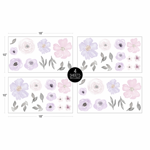 Watercolor Floral Lavender and Grey Collection Peel and Stick Wall Decal Stickers - Set of 4 Sheets - alt image 3