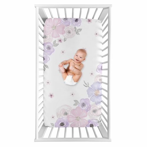 Watercolor Floral Lavender and Grey Collection Photo Op Crib Sheet