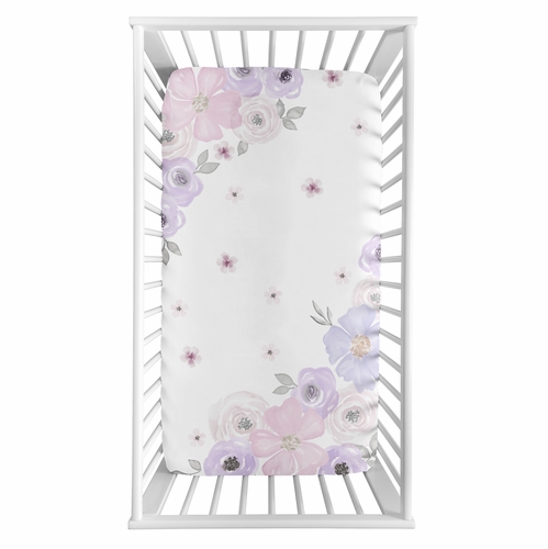 Watercolor Floral Lavender and Grey Collection Photo Op Crib Sheet - alt image 1
