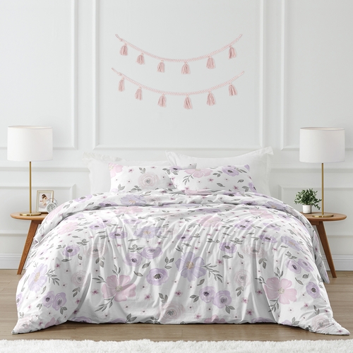 Watercolor Floral Lavender and Grey Collection Queen Duvet Cover Bedding Set