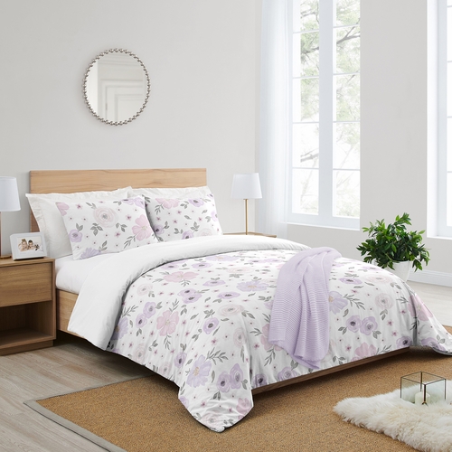 Watercolor Floral Lavender and Grey Collection Queen Duvet Cover Bedding Set - alt image 1