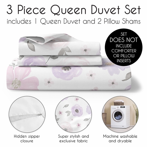 Watercolor Floral Lavender and Grey Collection Queen Duvet Cover Bedding Set - alt image 2