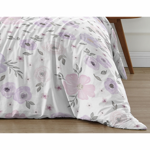 Watercolor Floral Lavender and Grey Collection Queen Duvet Cover Bedding Set - alt image 5