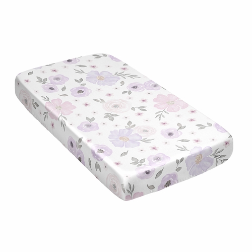 Watercolor Floral Lavender and Grey Collection Satin Fitted Crib Sheet - alt image 2