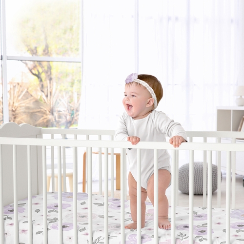 Watercolor Floral Lavender and Grey Collection Satin Fitted Crib Sheet - alt image 3