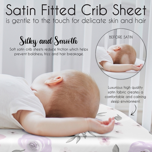 Watercolor Floral Lavender and Grey Collection Satin Fitted Crib Sheet - alt image 4