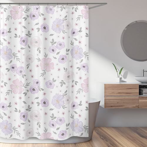 Watercolor Floral Lavender and Grey Collection Shower Curtain - alt image 1