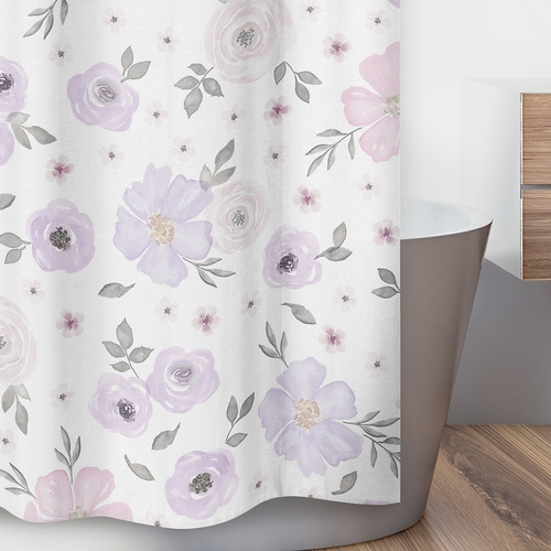 Watercolor Floral Lavender and Grey Collection Shower Curtain - alt image 2