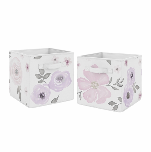 Watercolor Floral Lavender and Grey Collection Storage Bins