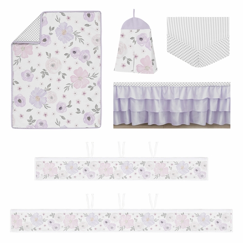 Watercolor Floral Lavender and Grey Collection Sweet Jojo Designs 6 Piece Crib Bedding + BreathableBaby Breathable Mesh Liner - alt image 1