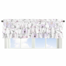 Watercolor Floral Lavender and Grey Collection Tiered Window Valance