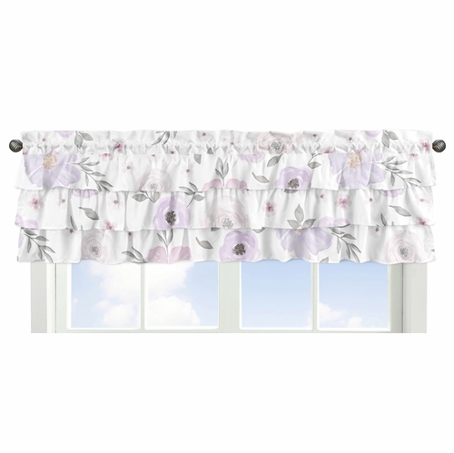 Watercolor Floral Lavender and Grey Collection Tiered Window Valance