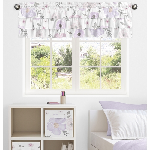 Watercolor Floral Lavender and Grey Collection Tiered Window Valance - alt image 1