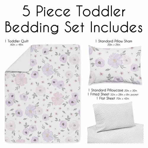 Watercolor Floral Lavender and Grey Collection Toddler Bedding - alt image 2