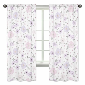 Watercolor Floral Lavender and Grey Collection Window Panels - Set of 2
