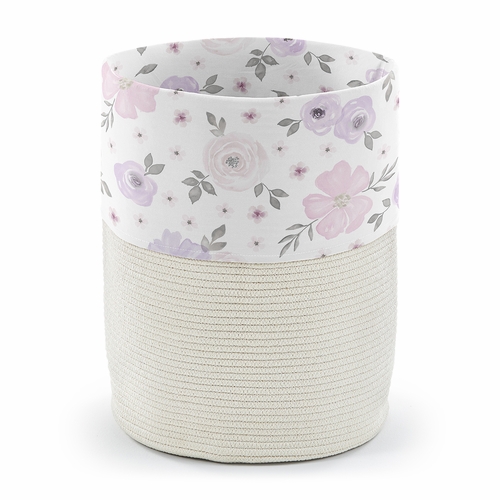 Watercolor Floral Lavender and Grey Collection Woven Laundry Rope Basket Hamper with Liner